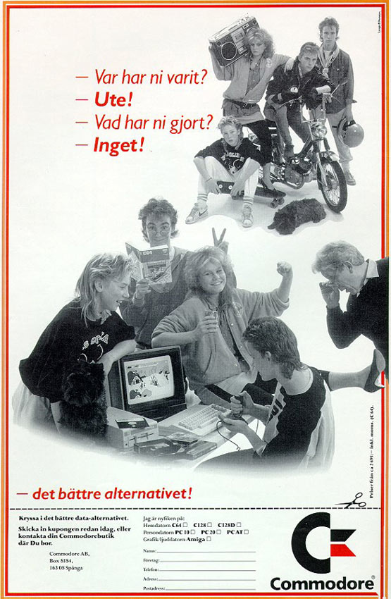 Swedish C64 ad, where the C64 keeps children of the street, and has them playing games instead.